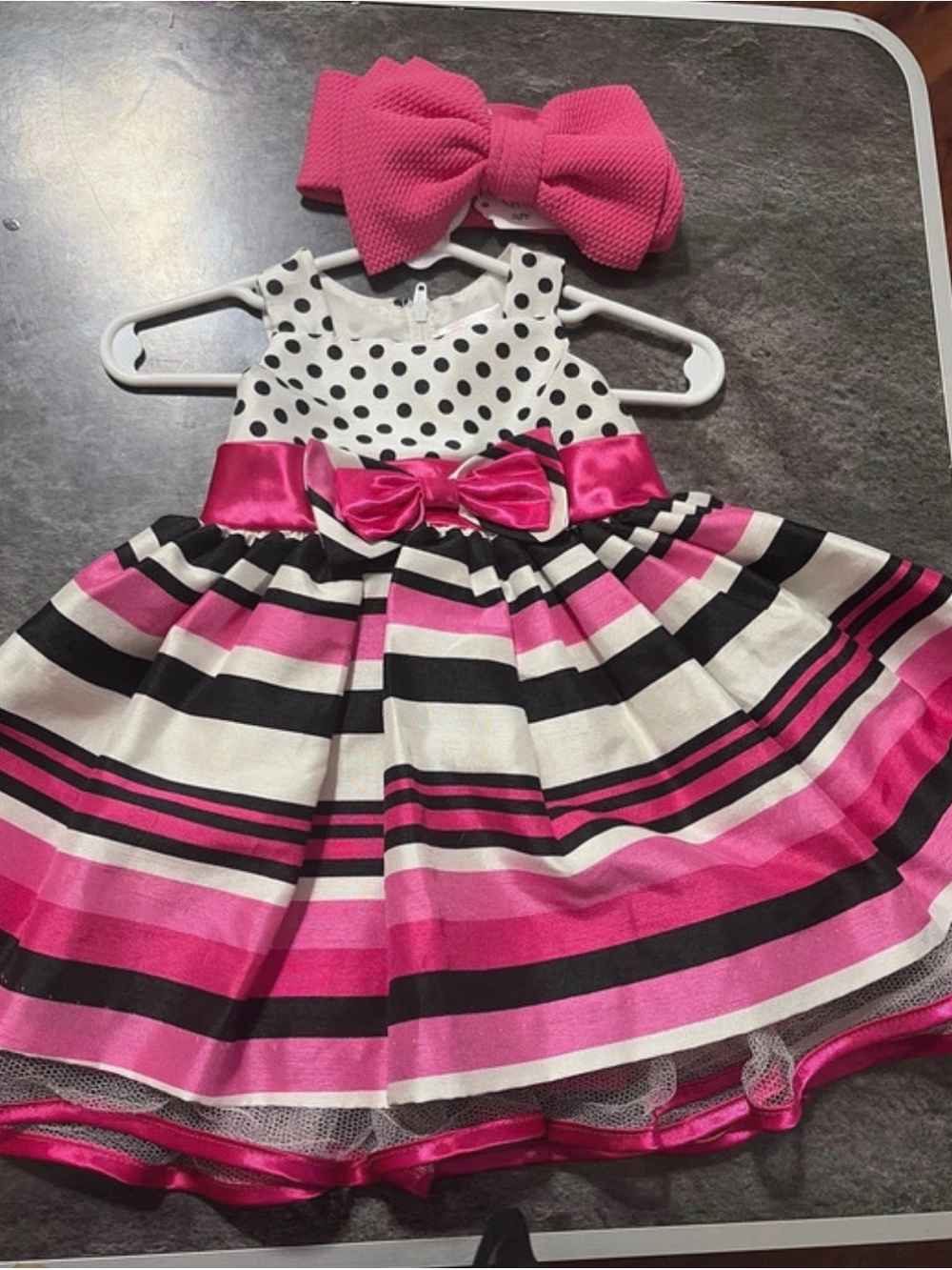 Girls Pink, Black & White Striped Party Dress with Bow and Matching Headband